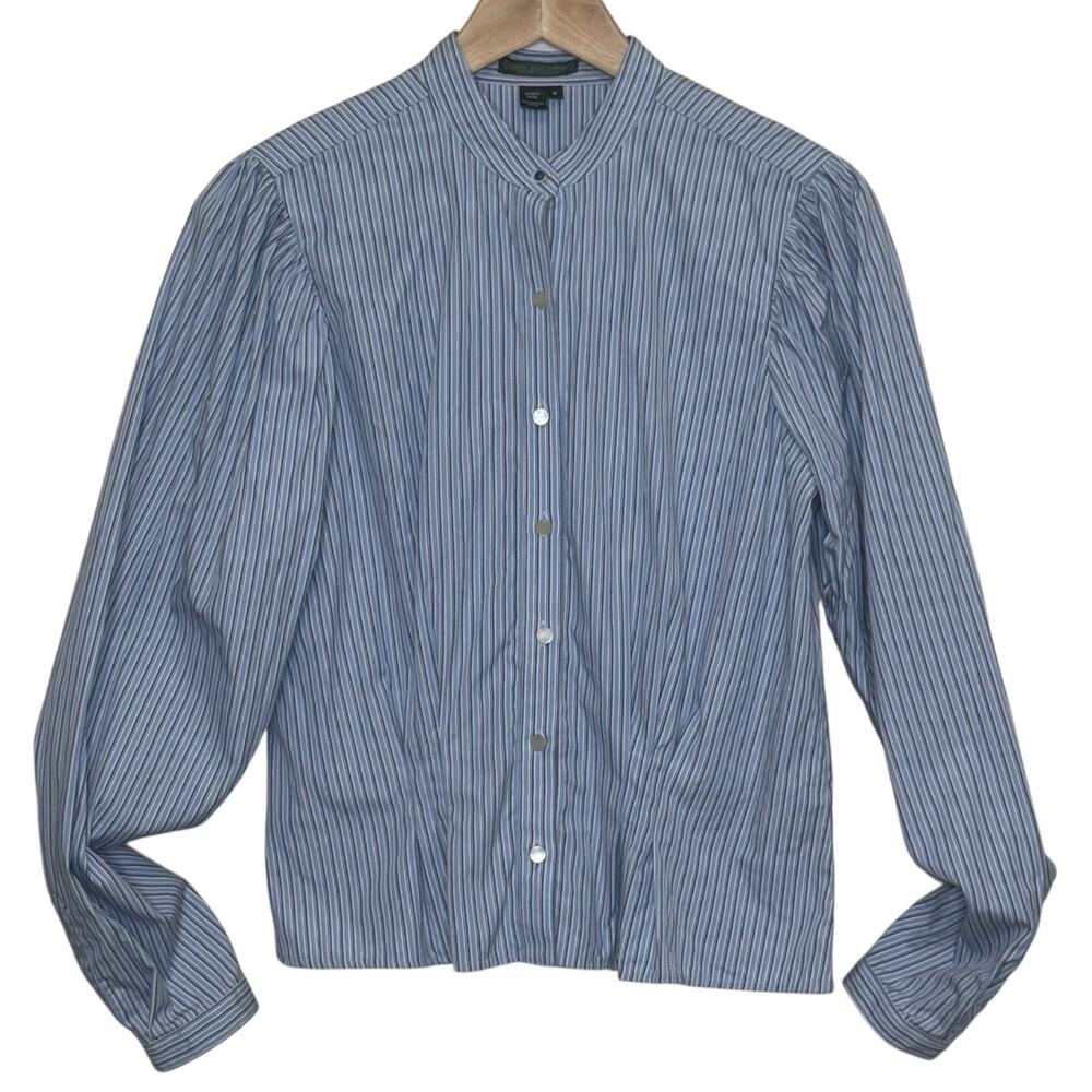 Lauren Jeans Co Blue White Striped Pouf Sleeve Pleated Cotton Blouse Ralph